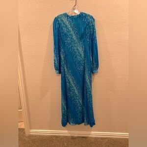 Vintage Maxi Dress Long Sleeves Fully Lined Teal Ocean Bubbles Pattern A-Line